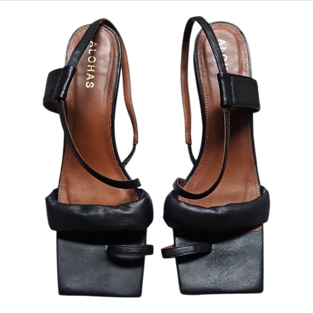 ALOHAS | Asymmetric Strap Black Leather Slingback Sandals in Size EU 38 / US 8 - Picture 5 of 7